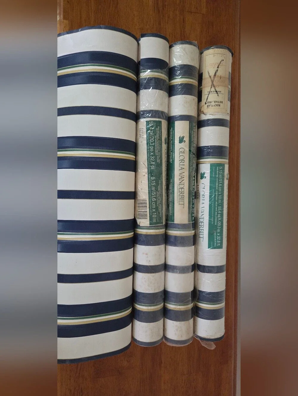 Vintage Gloria Vanderbilt Navy, White & Green Striped Wallpaper Rolls